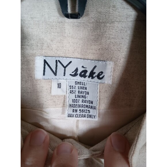Vintage NY Sake Linen Blend Beige Short Sleeve Button Mandarin Collar Size 10 - Picture 3 of 6